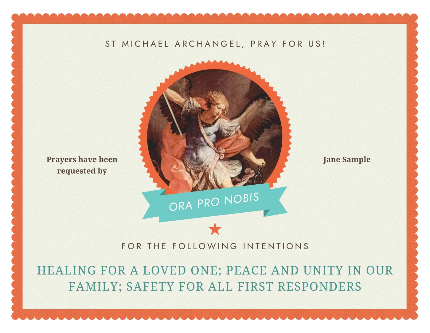 Sample prayer certificate with the words Ora Pro Nobis and a sample name, Jane Sample